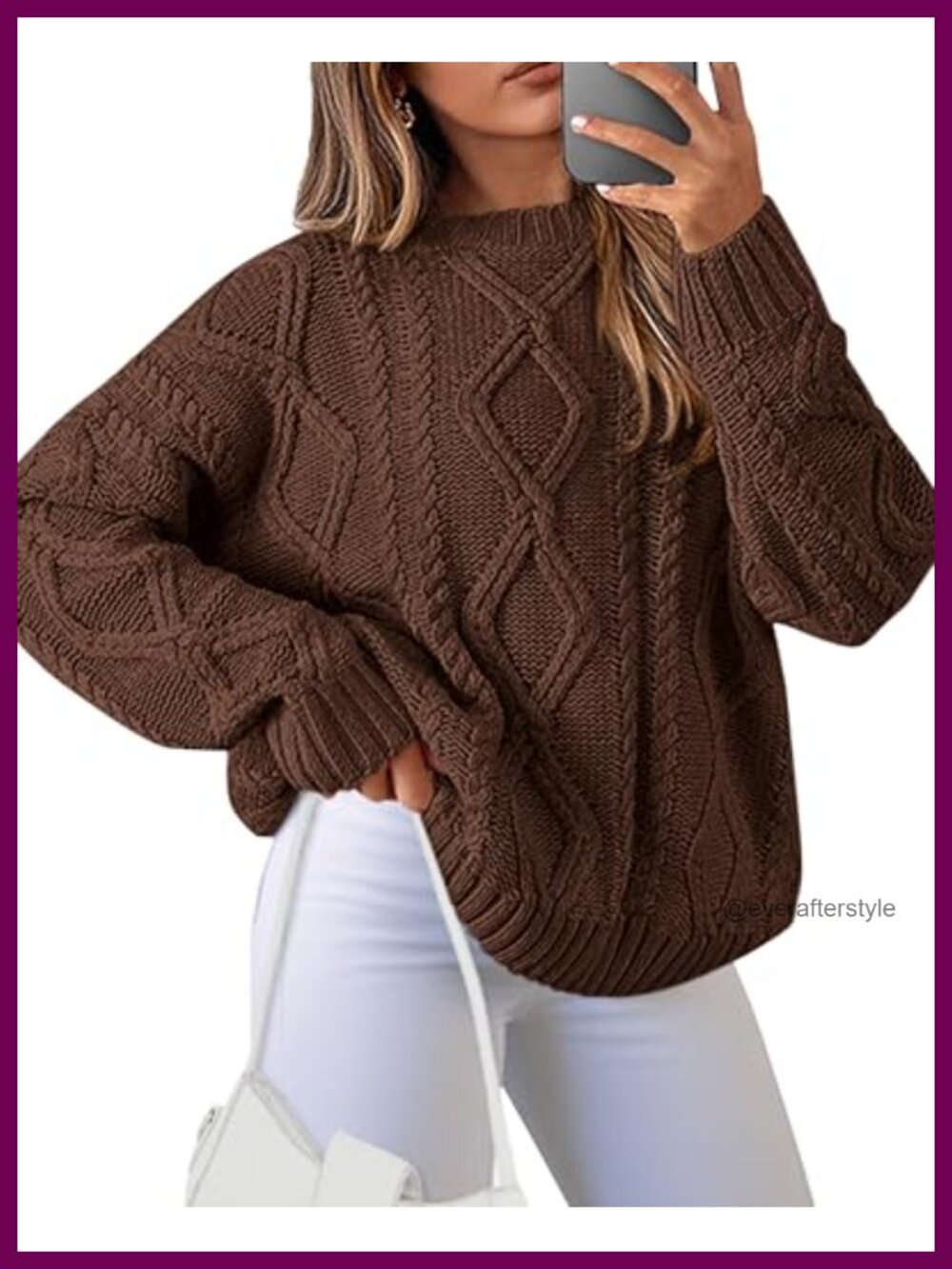 Women's Chunky Cable Knit Crew Neck Pullover Sweater Loose Fit